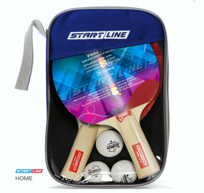 Набор START LINE: 2 Ракетки Home 2 звезды, 3 Мяча, упаковано в сумку на молнии с ручкой.